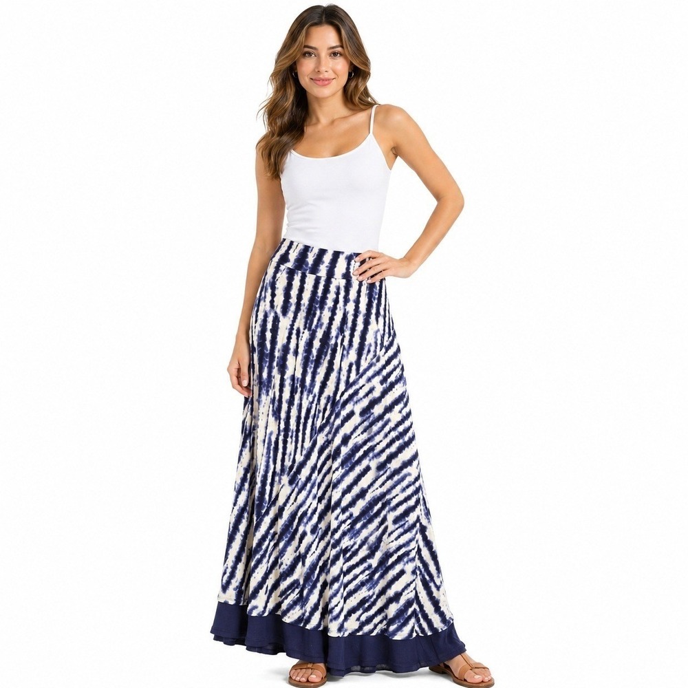 LOGO Lori Goldstein Skirt Womens Small Navy Blue White Tie Dye Asymmetrical Maxi